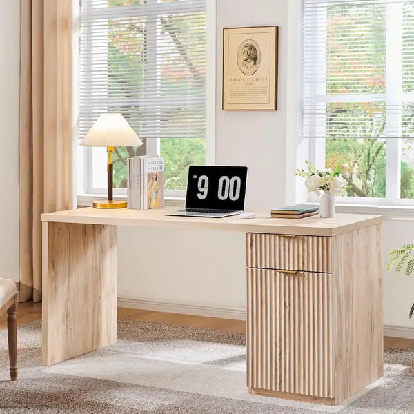 60 Inch Contemporary Executive Desk Wooden Home Office & Fluted Computer Desk